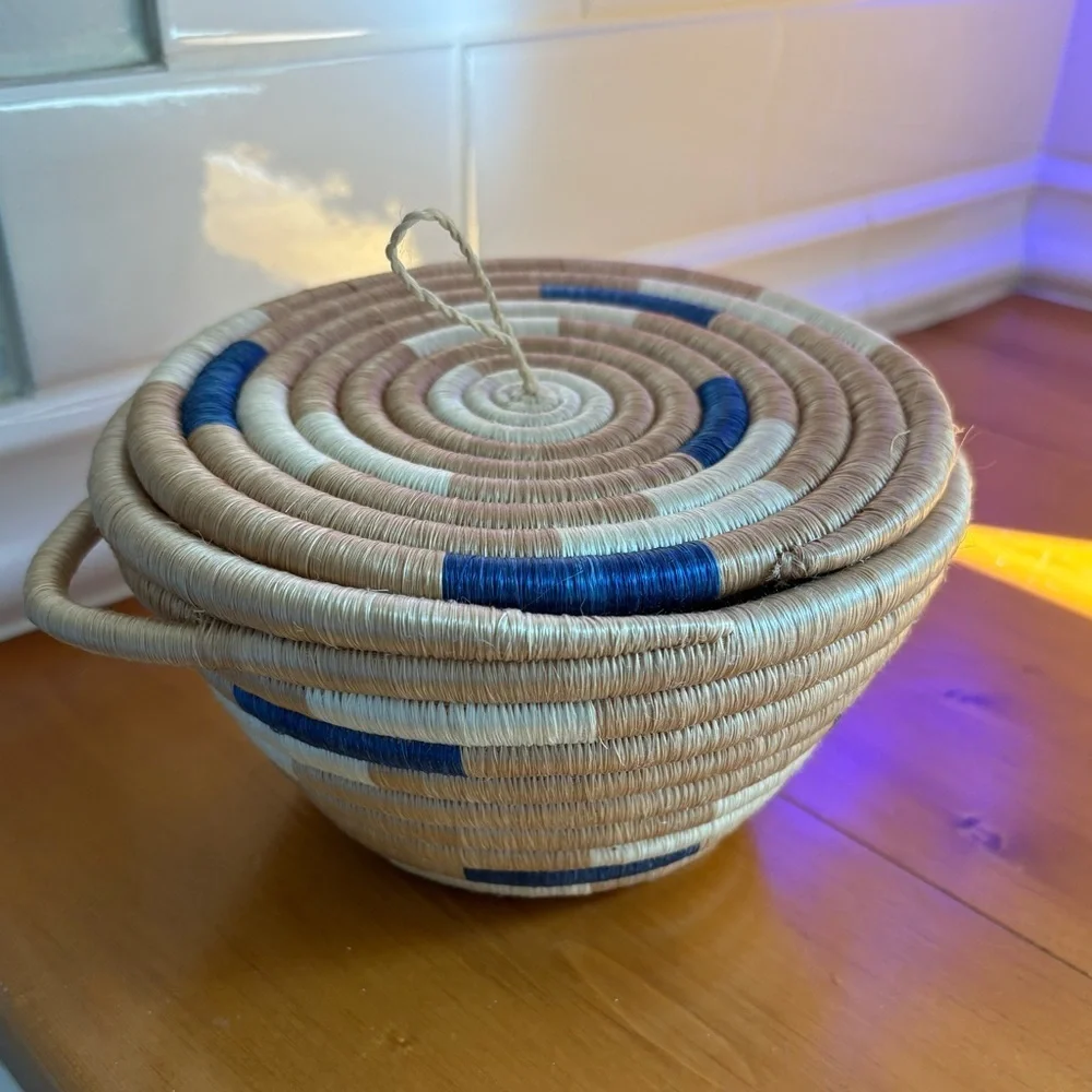 Handwoven Rwandan Lidded Basket Blue & Natural Fair Trade Storage Basket